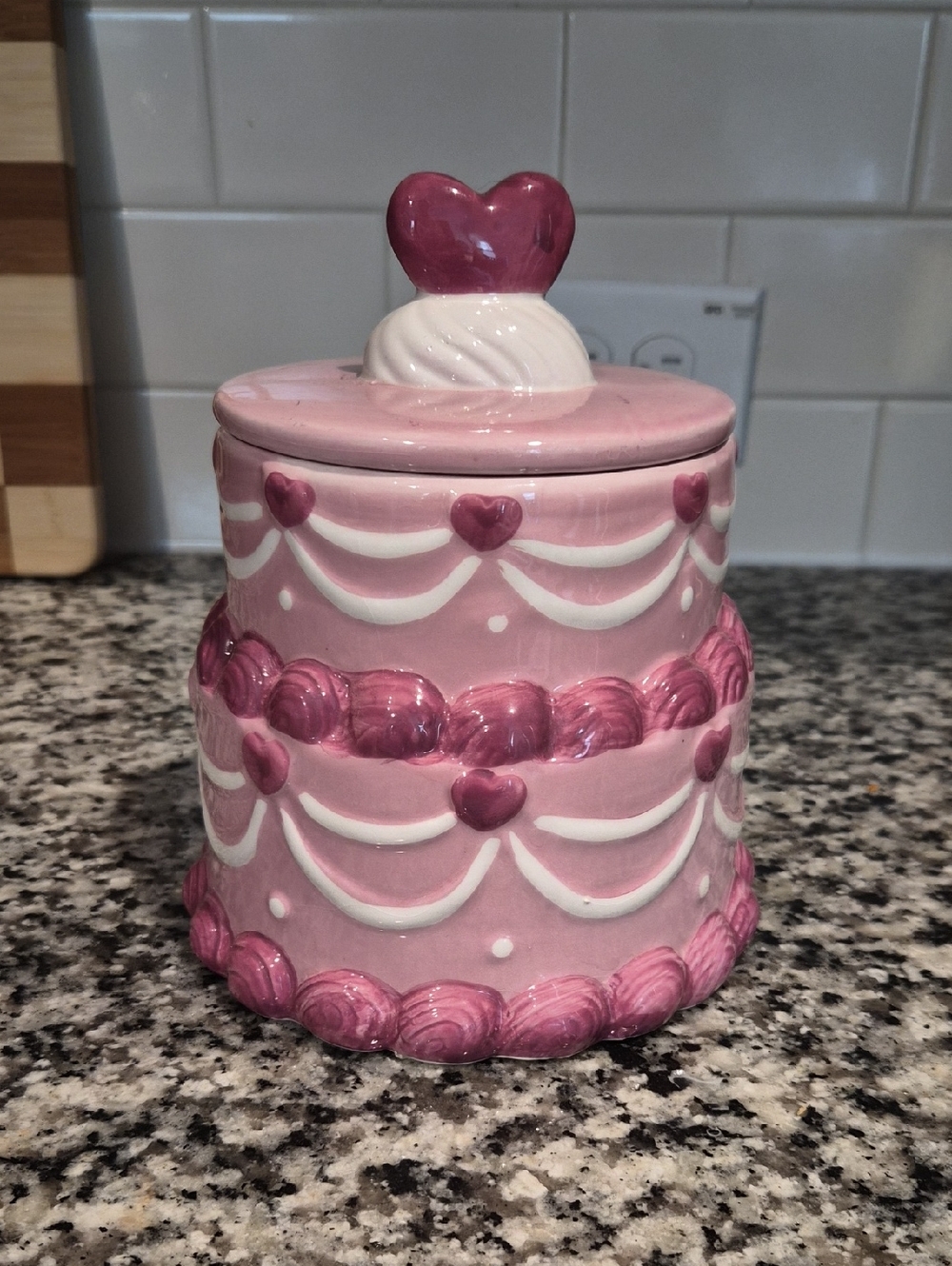 Pink Heart Cake Decorative Ceramic Canister 7" Tall